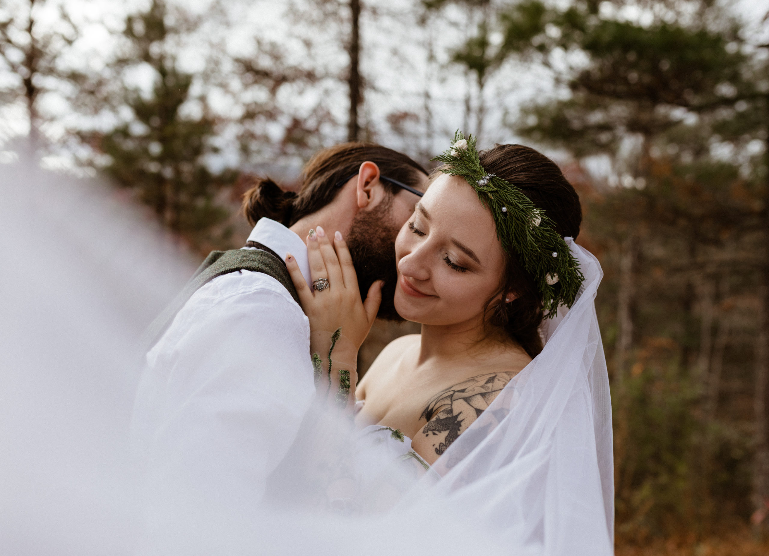 Bride and groom celebrate their wedding in the Blue Ridge Mountains of North Carolina