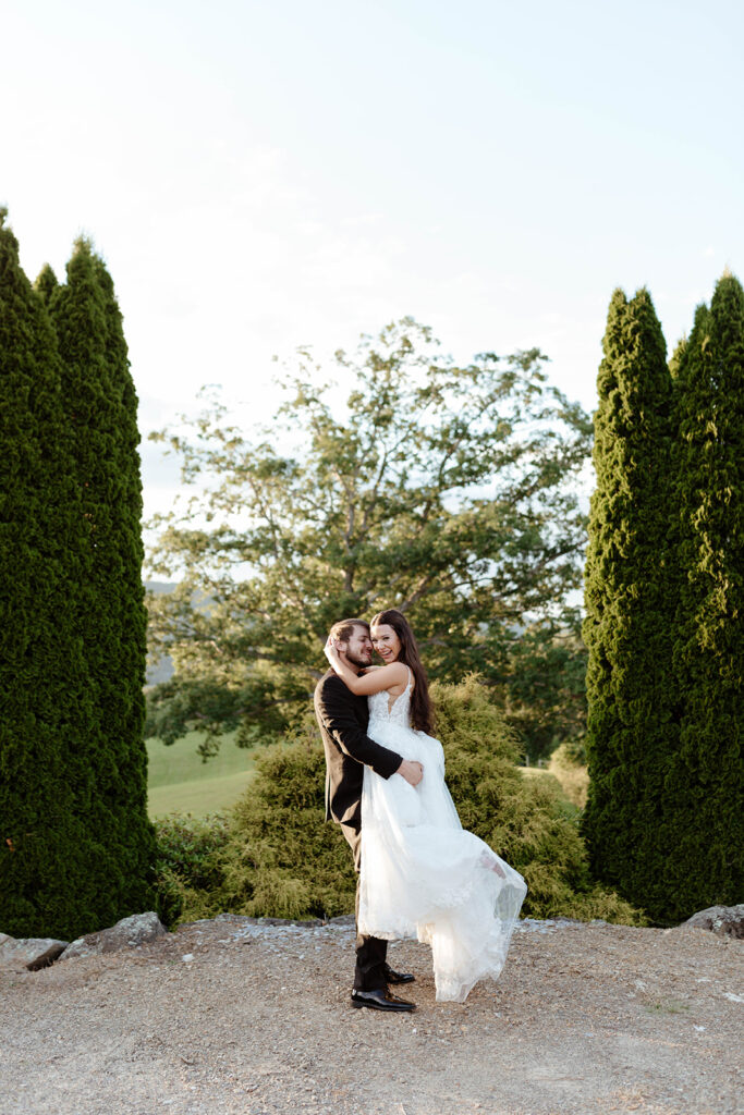 Sunset photos of couple in the mountains at a North Carolina Wedding