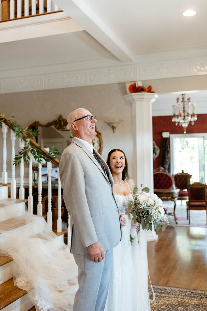 Bride and Father share a laugh before walking down the aisle at North Carolina wedding